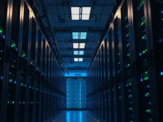 Rows of GPU server racks in a modern data center with blue LED lighting