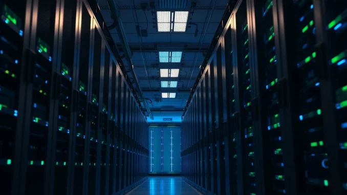 Rows of GPU server racks in a modern data center with blue LED lighting
