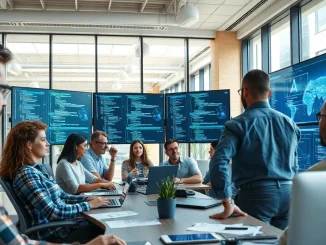 Developers working on AI coding software in a modern European startup office