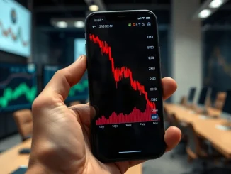 Smartphone showing a cryptocurrency price chart with a sharp decline, symbolizing the MANTRA token drop.