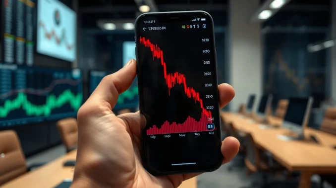 Smartphone showing a cryptocurrency price chart with a sharp decline, symbolizing the MANTRA token drop.