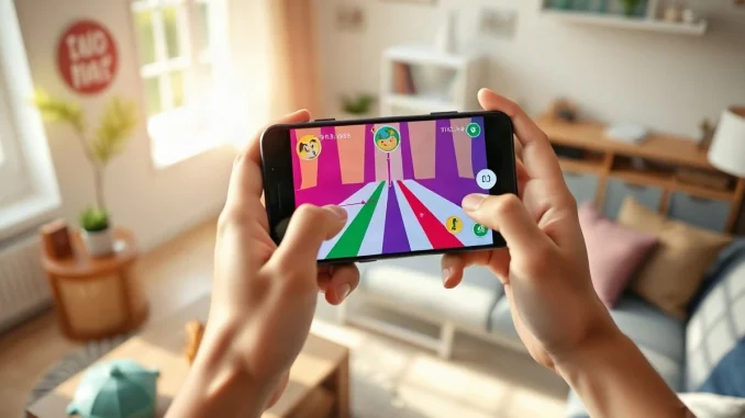 Hands holding a smartphone displaying a colorful interactive mini-game created with Meta's Pocket app.