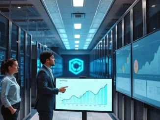 Team of professionals reviewing AI training data growth charts in a modern data center