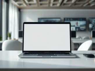 Laptop with an AI assistant interface on a desk in a modern office, symbolizing Microsoft's Copilot app consolidation.