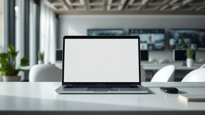 Laptop with an AI assistant interface on a desk in a modern office, symbolizing Microsoft's Copilot app consolidation.