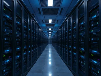 Interior of a modern AI data center with rows of Nvidia GPU server racks illuminated by blue lights