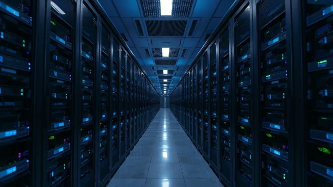 Interior of a modern AI data center with rows of Nvidia GPU server racks illuminated by blue lights