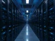 Interior of a modern AI data center with rows of Nvidia GPU server racks illuminated by blue lights