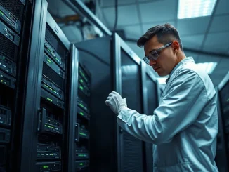 Technician inspecting AI server racks in a modern data center with Nvidia systems