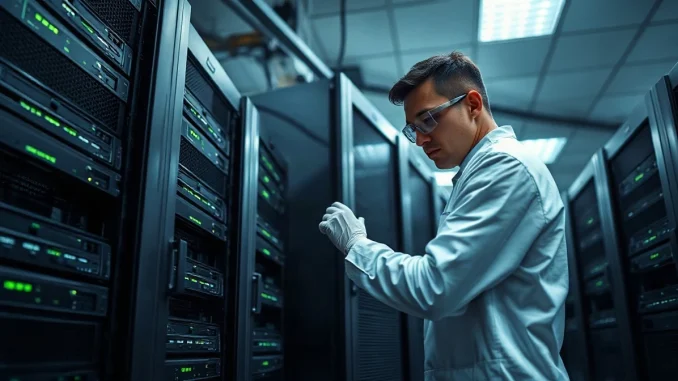 Technician inspecting AI server racks in a modern data center with Nvidia systems