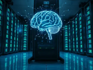 Nvidia data center with a holographic brain representing AI harness technology