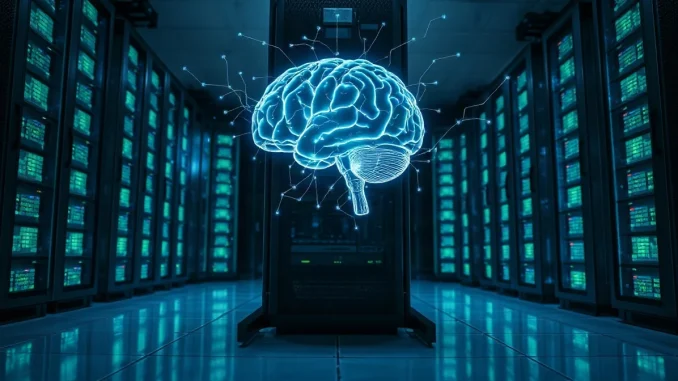 Nvidia data center with a holographic brain representing AI harness technology