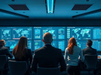 Security professionals monitoring AI threat dashboards in a modern operations center.