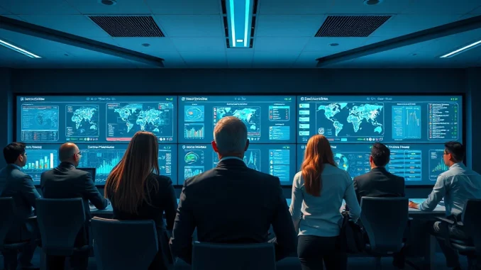 Security professionals monitoring AI threat dashboards in a modern operations center.
