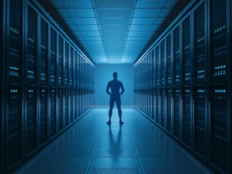 A glowing blue digital figure stands in a data center corridor, representing an AI agent.