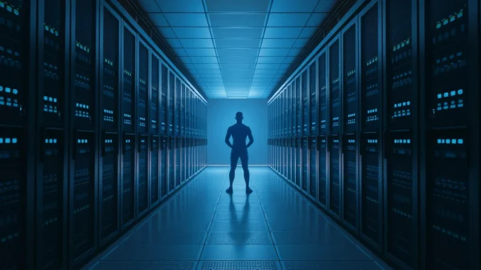 A glowing blue digital figure stands in a data center corridor, representing an AI agent.