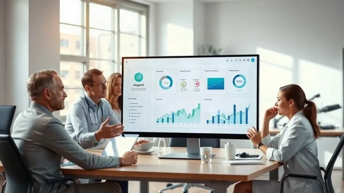 Professionals collaborating around a monitor showing an AI agent interface in a bright modern office