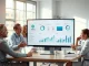 Professionals collaborating around a monitor showing an AI agent interface in a bright modern office