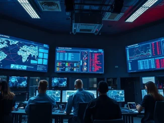 Cybersecurity analysts monitoring network activity in a modern operations center with blue and red lighting
