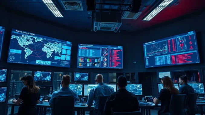 Cybersecurity analysts monitoring network activity in a modern operations center with blue and red lighting