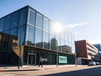 OpenAI headquarters in San Francisco, with employees entering the building on a sunny afternoon.