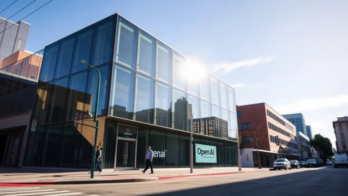 OpenAI headquarters in San Francisco, with employees entering the building on a sunny afternoon.