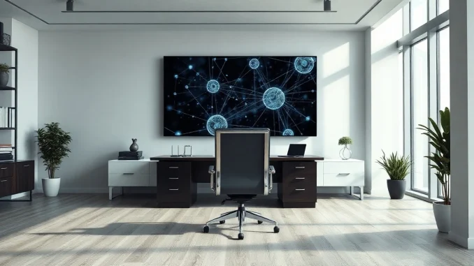 Modern executive office with AI graphics on monitor representing OpenAI leadership change