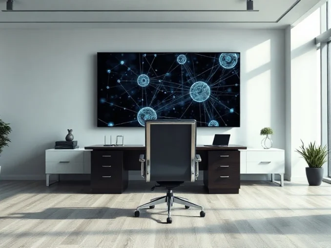 Modern executive office with AI graphics on monitor representing OpenAI leadership change