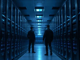 Secure data center corridor with server racks and a security guard, representing OpenAI's new monitoring safeguards