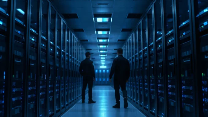 Secure data center corridor with server racks and a security guard, representing OpenAI's new monitoring safeguards
