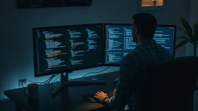 Cybersecurity researcher working on a computer with code on screens, representing OpenAI's Trusted Access for Cyber program access issue.