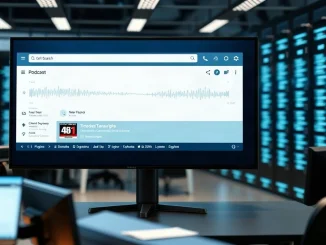 Particle Radar podcast search interface on a screen with audio waveforms and transcript snippets