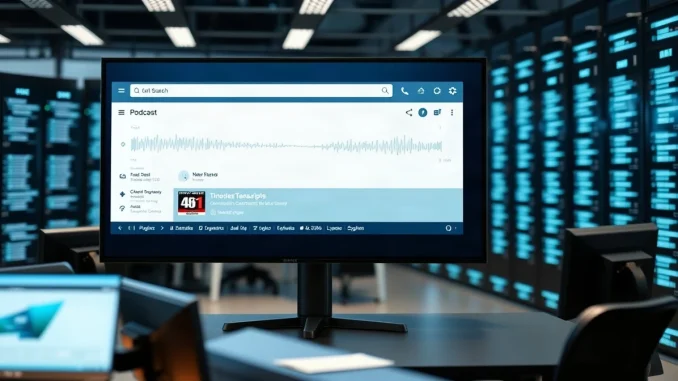 Particle Radar podcast search interface on a screen with audio waveforms and transcript snippets