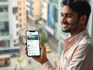 Indian user holding smartphone with Perplexity AI app in a modern office, symbolizing the end of free Airtel subscriptions.