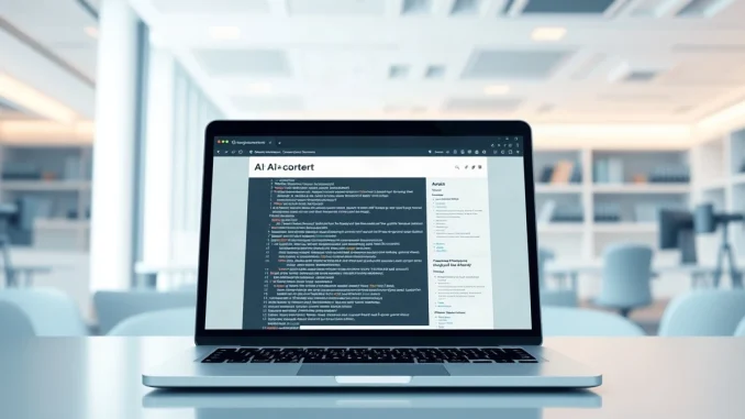Laptop screen displaying code and text, representing AI-generated web content