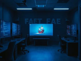 Empty game development studio with monitors showing blockchain code after Proof of Play shutdown