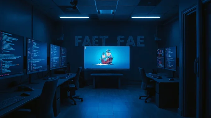 Empty game development studio with monitors showing blockchain code after Proof of Play shutdown