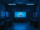 Empty game development studio with monitors showing blockchain code after Proof of Play shutdown