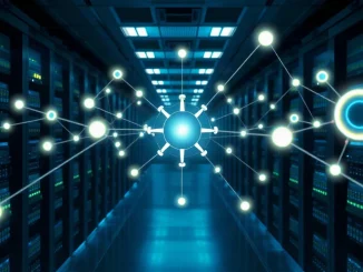 Illustration of a data center with a glowing network representing AI model routing
