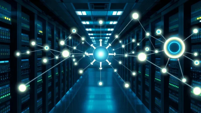 Illustration of a data center with a glowing network representing AI model routing