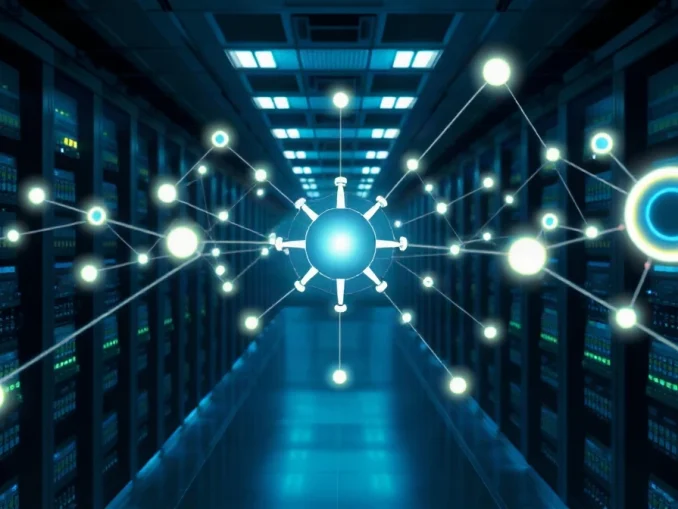 Illustration of a data center with a glowing network representing AI model routing