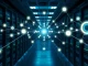 Illustration of a data center with a glowing network representing AI model routing