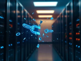 Broken blockchain chain with mining rigs in background representing Ravencoin exploit