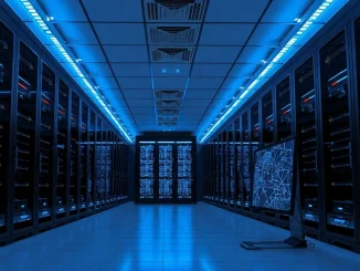 Interior of a modern AI data center with server racks and a workstation displaying neural network graphs.