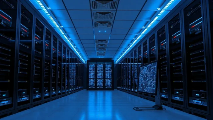 Interior of a modern AI data center with server racks and a workstation displaying neural network graphs.