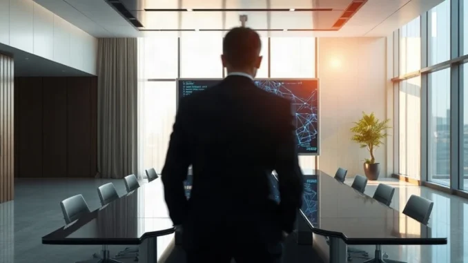 Executive in a modern office viewing a screen with code and AI graphics, representing the reported SpaceX-Cognition acquisition talks.