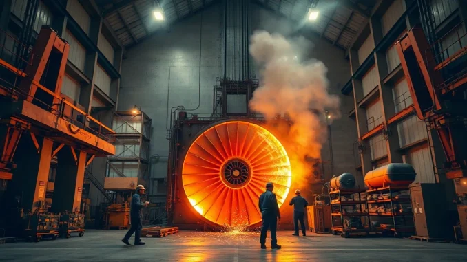 Industrial foundry in Texas casting a large gas turbine blade with workers in heat-resistant suits