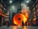Industrial foundry in Texas casting a large gas turbine blade with workers in heat-resistant suits