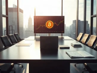 Corporate boardroom with Bitcoin chart on screen, symbolizing Strategy's treasury management
