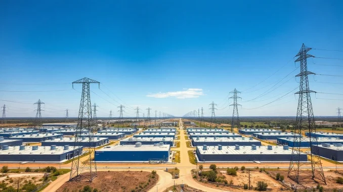 Aerial view of data center buildings and transmission lines in Texas